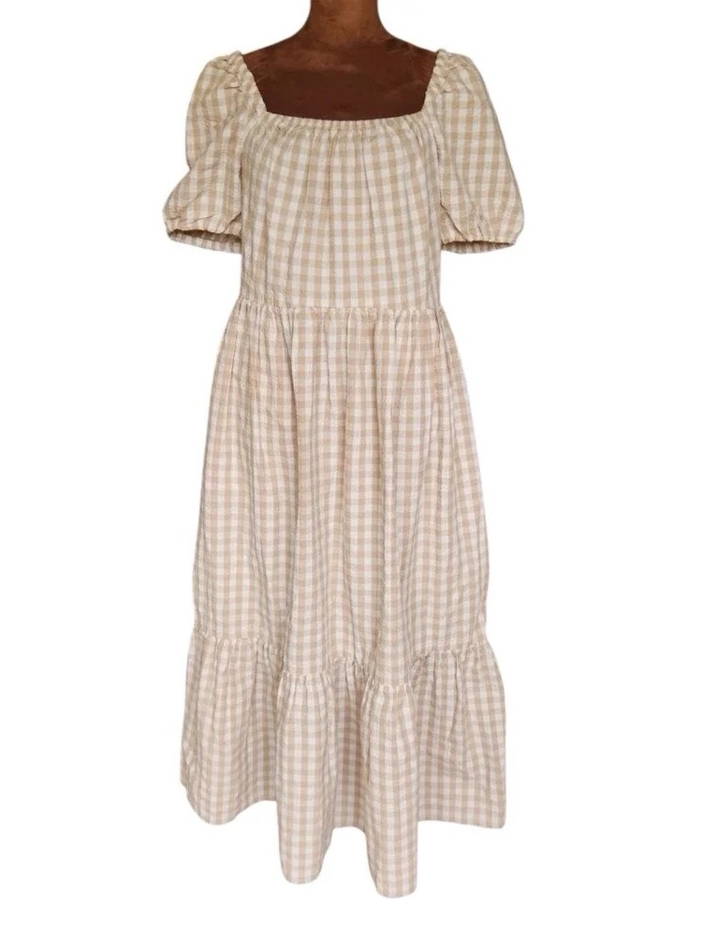 Beige Gingham Square-Neck Midi Dress with Puff Sleeves